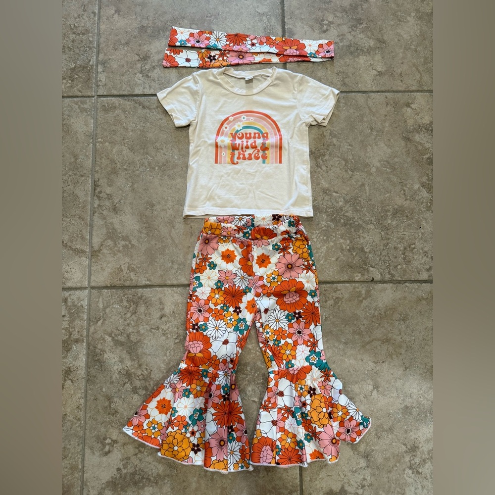3-4T Girls Young Wild and Three Birthday Top and Bell Bottoms set
